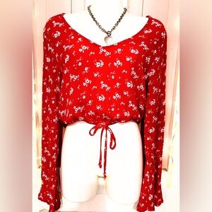 Full Tilt girls Red Floral Tie-Waist V-Neck Long Sleeve Top